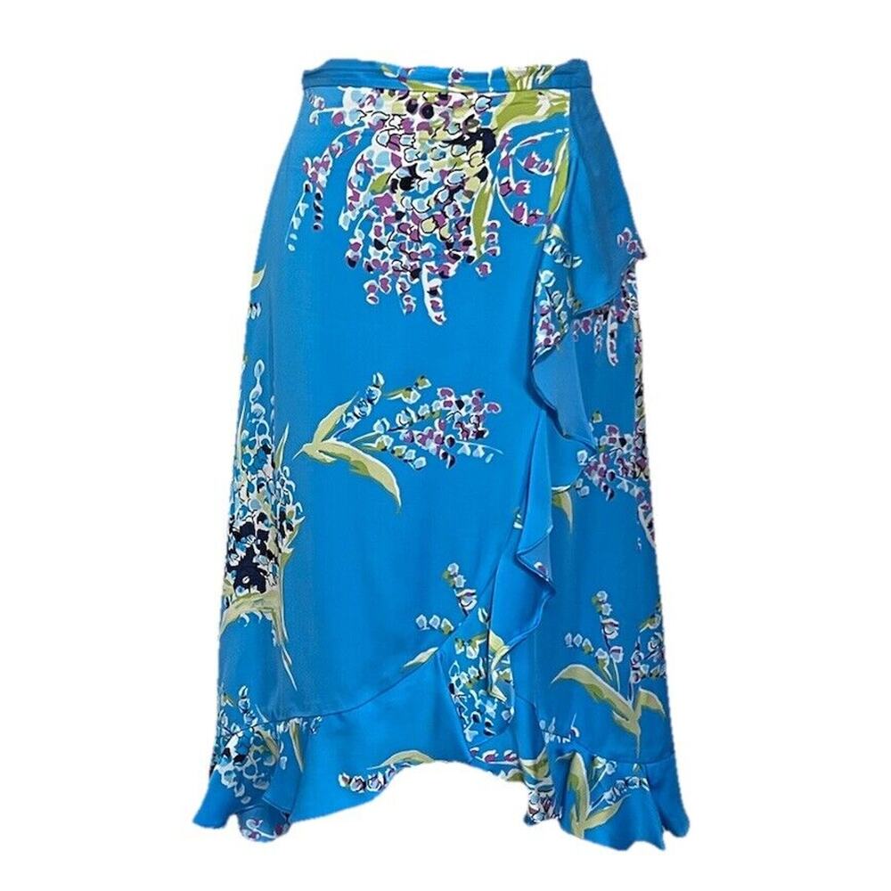 Womens Light Blue Silk Floral Faux Wrap Skirt Lined Colorful Sz 4 Spring Easter
